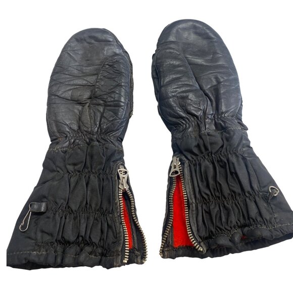 Vintage Black Leather Snowmobile Mittens Small - Picture 1 of 5